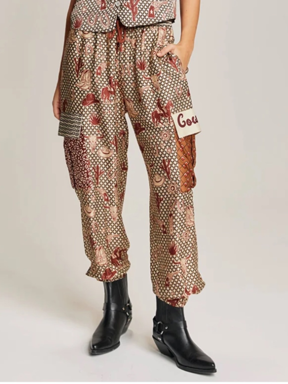 ME369 Gianna rodeo cargoCowgirl Print Ankle Jogger Pants - Multi Red Cream Brown